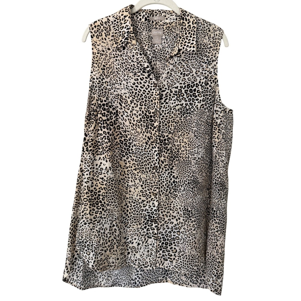 Chicos No Iron 100% Linen Sleeveless Leopard Print Button Down Tunic Top Size 2